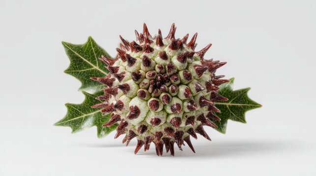 Spiked seed pod with a leaf, light green and brown, centered on white