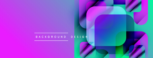 Vibrant gradient background features overlapping squares, dynamic color transitions. Modern design elements create visual interest.