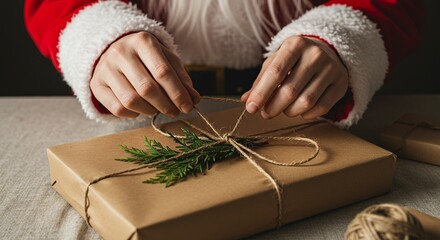 Obraz premium Manos con traje de Papá Noel atando cuerda de yute en paquete de papel kraft con rama de pino, envoltorio navideño ecológico y artesanal
