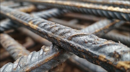Close-up of bundled reinforcing steel bars