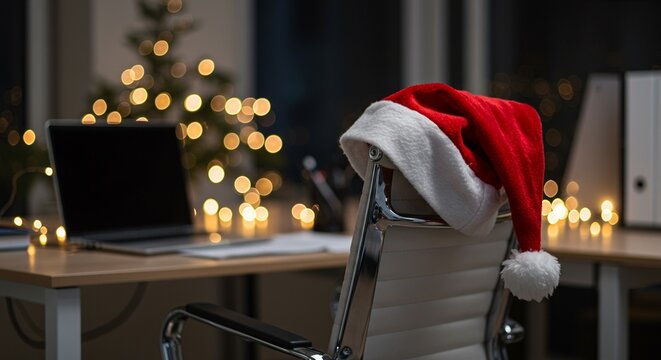 Gorro de Papá Noel sobre silla de oficina junto a portátil y luces cálidas, ambiente corporativo festivo para campañas de Navidad y fin de año
