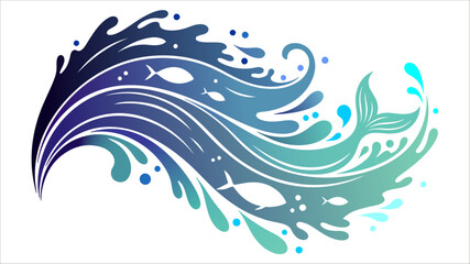 Blue and turquoise paint splashes forming abstract wave shapes, vector design for ocean and marine life theme.