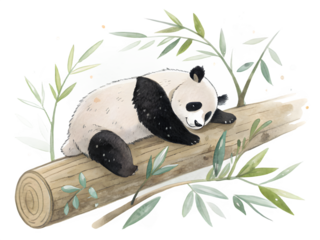 Cute panda bear resting on a log surrounded by bamboo leaves