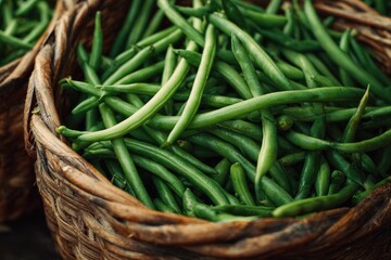 Fresh green beans in woven baskets