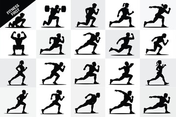 Vector art of set of fitness silhouettes showcasing running, weightlifting, and exercise movements