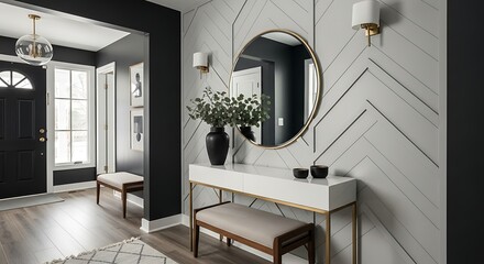 Modern and elegant home entryway featuring a geometric accent wall, round mirror, and console table.