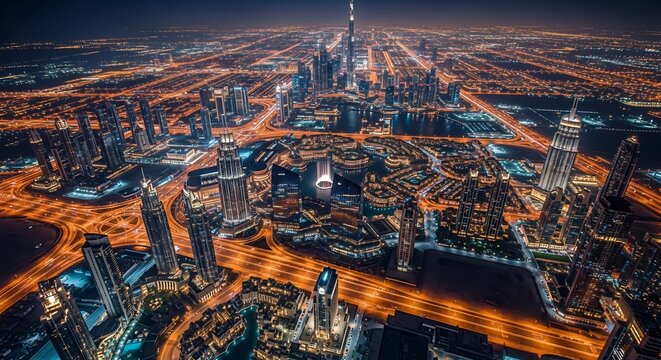 Aerial nighttime view of a densely packed modern city with illuminated skyscrapers and highways