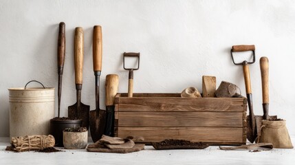 Rustic gardening tools and supplies arranged in a wooden crate