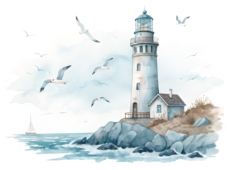 Watercolor lighthouse on rocky coast with seagulls and sailboat