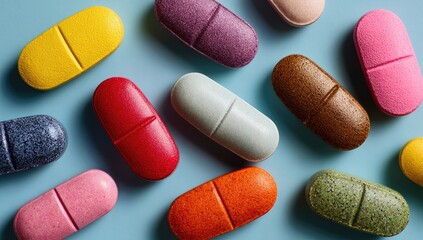 Colorful pills scattered on a light blue surface