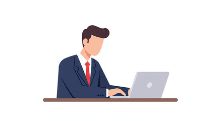Faceless Businessman in Navy Suit Working on Laptop at Desk