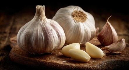 Fresh garlic bulbs on wooden board