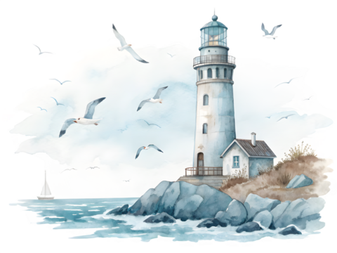 Watercolor lighthouse on rocky coast with seagulls and sailboat