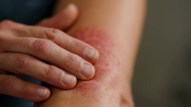 Focused medium shot of an arm with visible mild redness from vaccine booster hand gently massaging the area rest of the scene out of focus for attention.