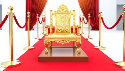 Golden throne sits on red carpet, flanked by velvet ropes.