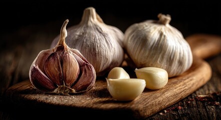 Close-up of garlic heads on wooden board