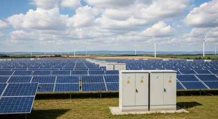 Solar panels and wind turbines under cloudy sky, energy farm
