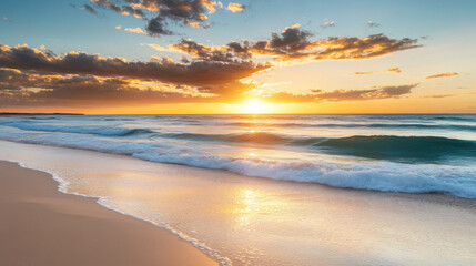 Golden sunrise over the ocean with gentle waves washing onto a sandy beach