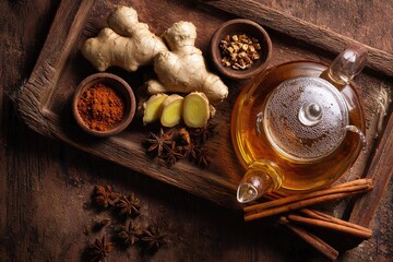 Wooden tray with ginger, spices, and tea