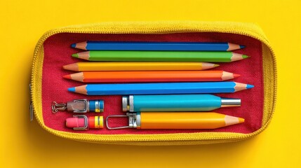 Fototapeta premium Colorful pencils and accessories in a yellow pencil case