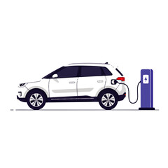 White electric SUV car charging at a blue charging station, illustrating sustainable transportation and eco-friendly technology.