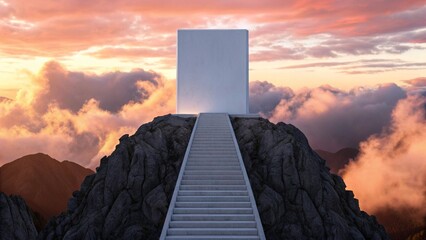 Ascension Path – Surreal Staircase and Spiritual Monument Symbolism, Conceptual, Landscape, Mystery, Abstract, Mountain Peak