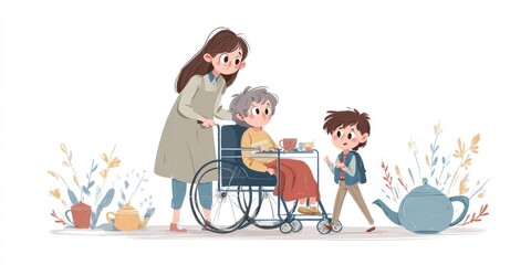 Family supporting elderly loved one in wheelchair
