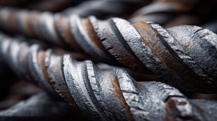 Close-up view of several metal drill bits, showing their intricate spiral patterns and textured surfaces