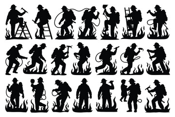 Obraz premium Vector art of silhouetted firefighters in action, battling flames with equipment, showcasing bravery, teamwork, and dedication to rescue and safety