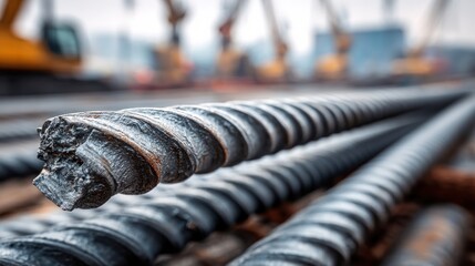 Close-up view of reinforcing steel bars at a construction site
