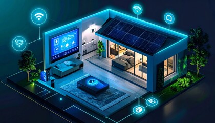 Isometric Cutaway of a Futuristic Smart Home with Glowing IoT Network and Solar Power
