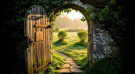Fototapeta premium Stone archway with weathered wooden door opening onto sunlit meadow