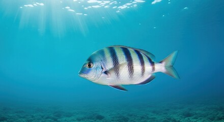 Fototapeta premium Striped fish swims in bright blue water with sun rays shining down