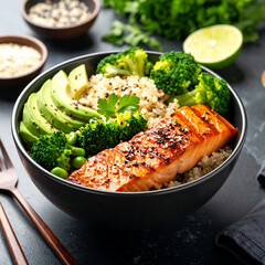 Healthy salmon quinoa bowl with vegetables
