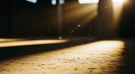 Obraz premium Sunbeams stream in through gaps, lighting dust motes in a dark, empty space