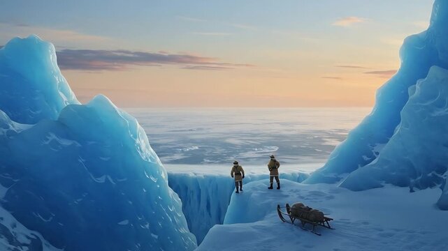 flat earth polar explorers in vast icy landscape at sunset