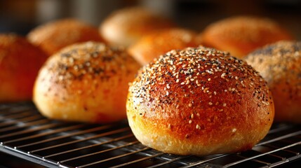 Freshly Baked Sesame Seed Rolls on a Cooling Rack