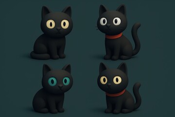 Fototapeta premium Cute Black Cat Cartoon Figures Set with Wide Eyes and Red Collars in Dark Background