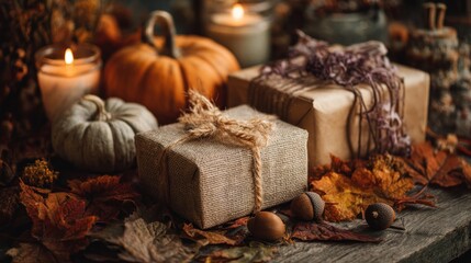 Autumnal gift display with pumpkins, presents, and fall leaves