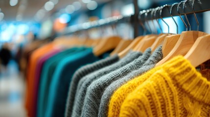Colorful sweaters on hangers in a store (1)