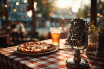 Live Music Venue. Vintage microphone on table with pizza and beer at sunset.