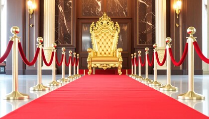 A regal golden throne awaits on a red carpet, flanked by velvet ropes.