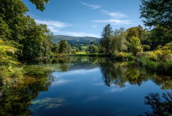 Obraz premium Serene river landscape with lush green trees and a clear blue sky reflecting in calm water