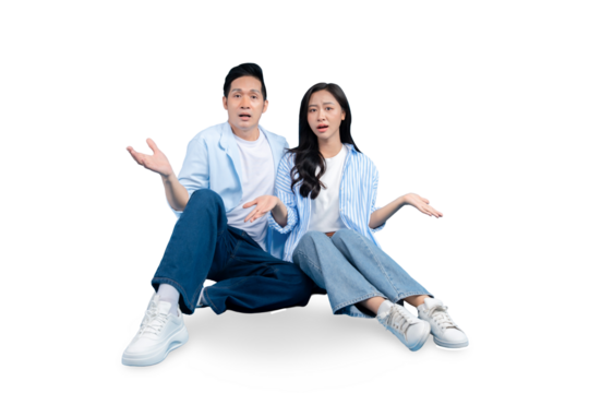 A couple in a confused state, expressing uncertainty with open hands on PNG background