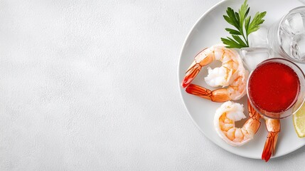 A plate of shrimp cocktail, elegant glassware, copy space on the left.