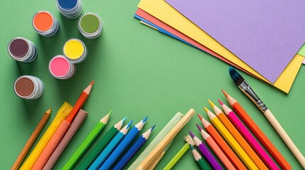 Colorful art supplies on a green background