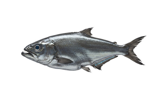Isolated silver colored fish swimming with fins and visible teeth, a beautiful marine creature on a stark white background, perfect for educational purposes.