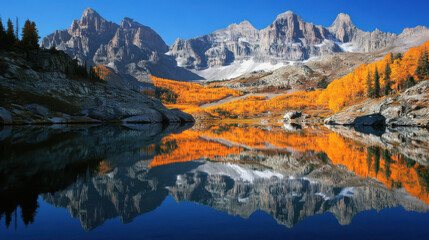 Obraz premium Majestic mountain peaks reflect in a calm alpine lake surrounded by autumn foliage
