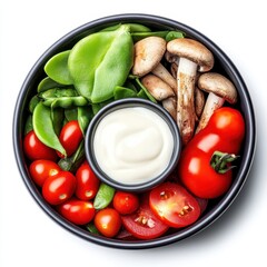 Fresh vegetable salad with creamy dressing kitchen food photography bright top-down view healthy eating concept