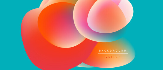 Abstract shapes overlap, creating vibrant color gradients. Turquoise background complements warm orange, pink hues. Modern design element.